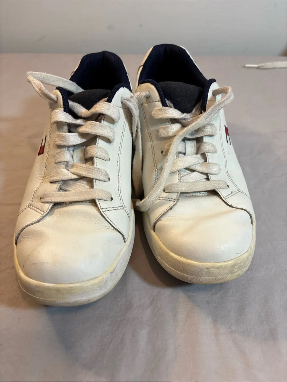 Tommy Hilfiger Women’s White Leather Sneakers with Navy Lining and Flag Accent